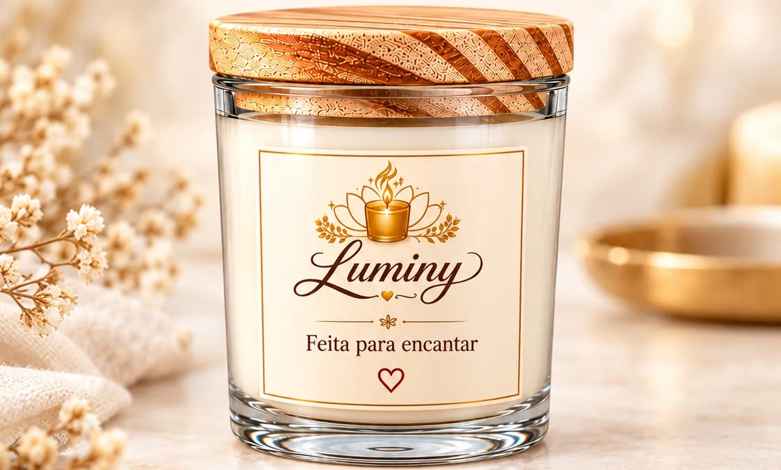 Vela Luminy em pote de vidro com tampa de madeira, sobre um pano de linho, com flores secas ao lado
