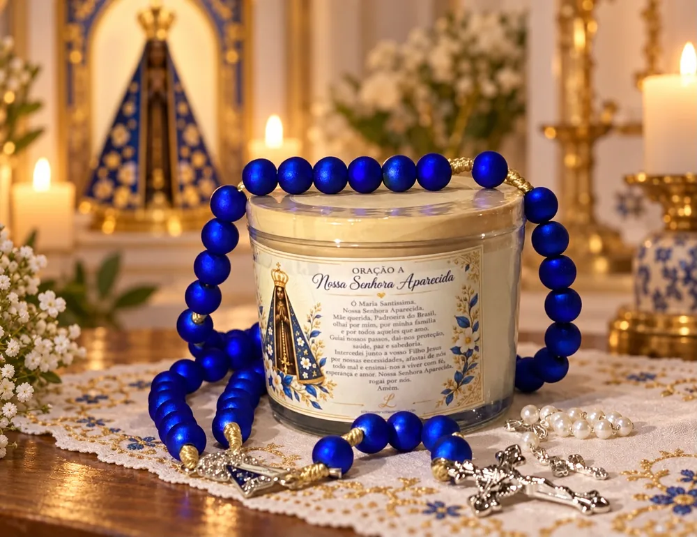 Vela com rótulo da oração a Nossa Senhora Aparecida e terço azul