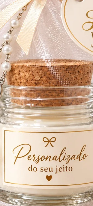 Vela em pote de vidro com tampa de cortiça, mini terço branco e saquinho de organza